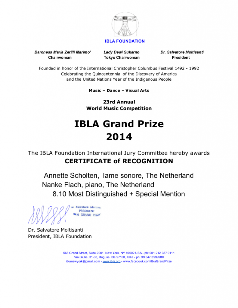 CERTIFICATE of recognition IBLA GRAND PRIZE