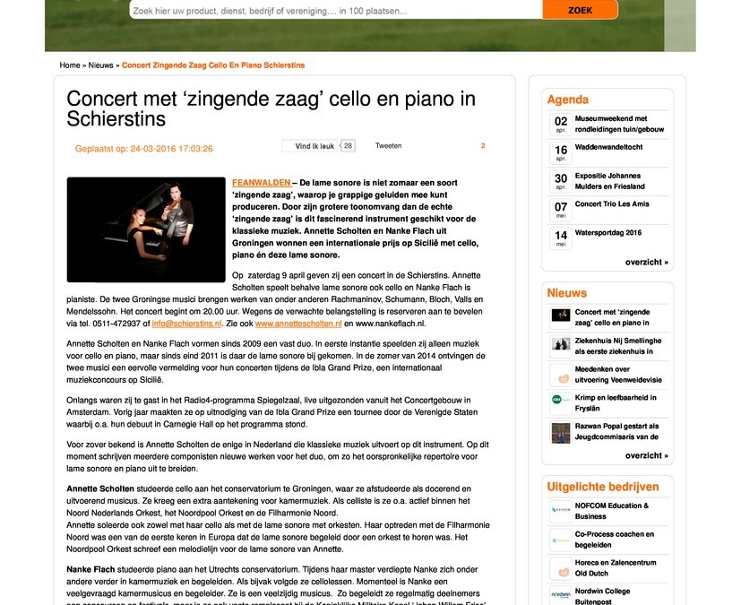 Concert met Zingende Zaag, Cello en Piano in de Schierstins