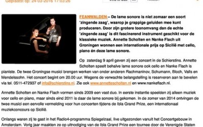 Concert met Zingende Zaag, Cello en Piano in de Schierstins